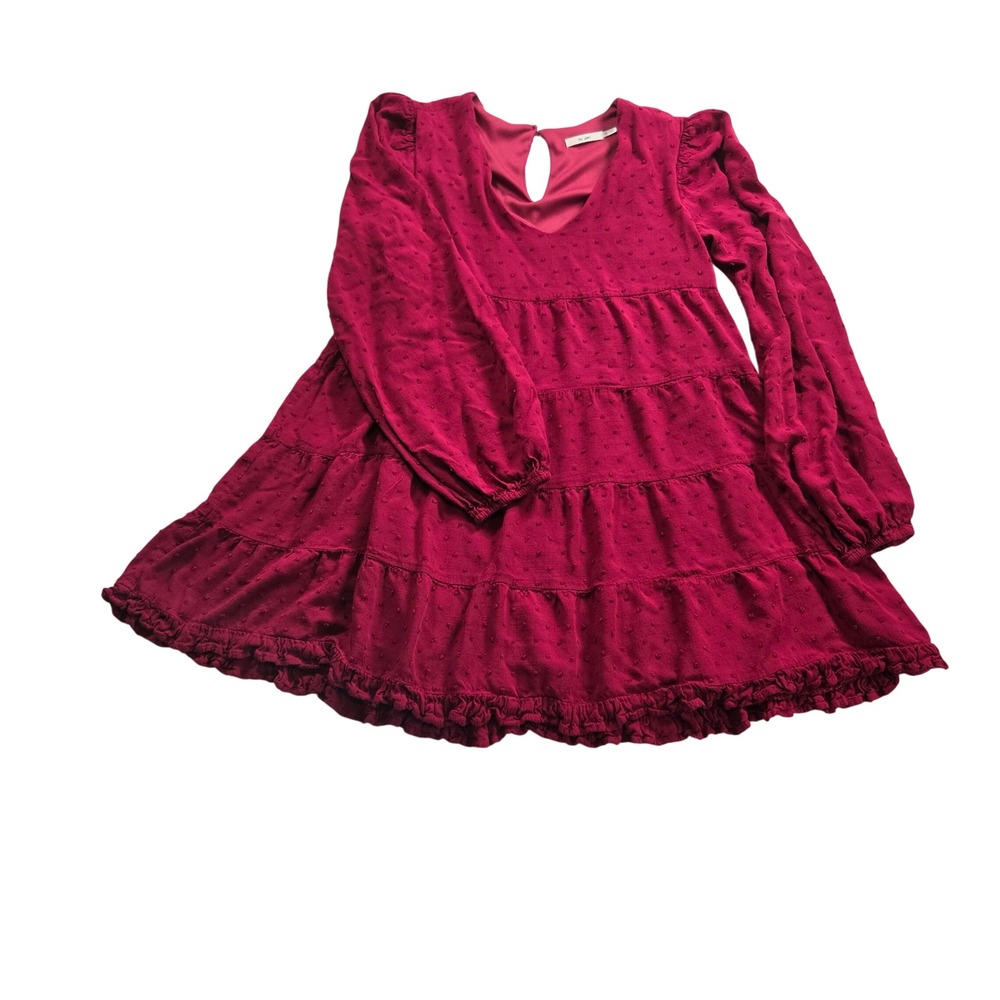 Mi Ami Swiss Dot Tiered Babydoll Dress XS Burgundy Puff Sleeve Ruffle Hem Boho